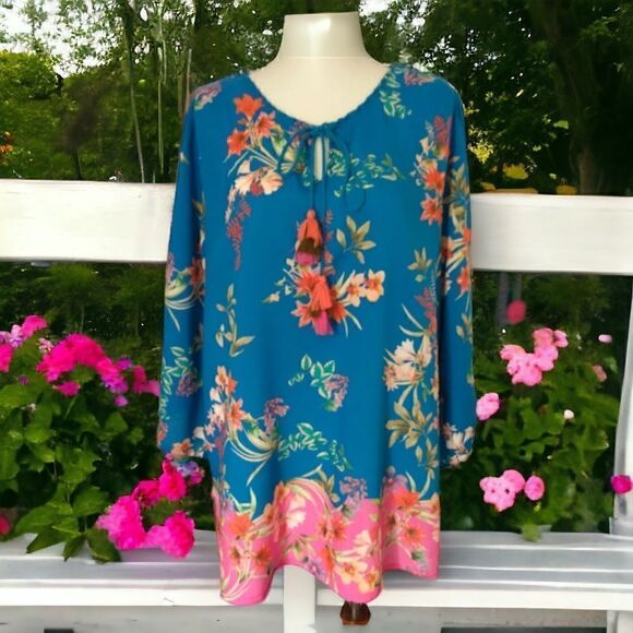 Tolani Boho Top Tunic Medium Blouse Tassels Floral Ruched Flowy Hippie Peasant. - Picture 1 of 16